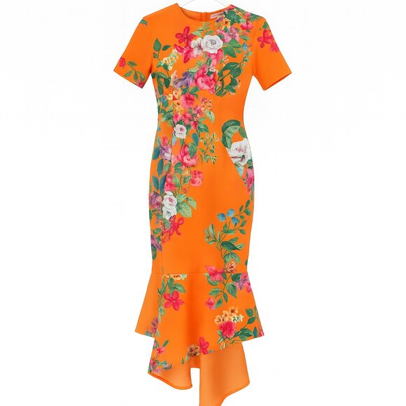 ASOS Orange Floral Ruffle Hem Midi Dress – Size US 6 – Garden Party Wedding Gues - Picture 2 of 3